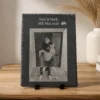 Natural slate plaque engraved with a photograph of a happy couple in-front of their new house